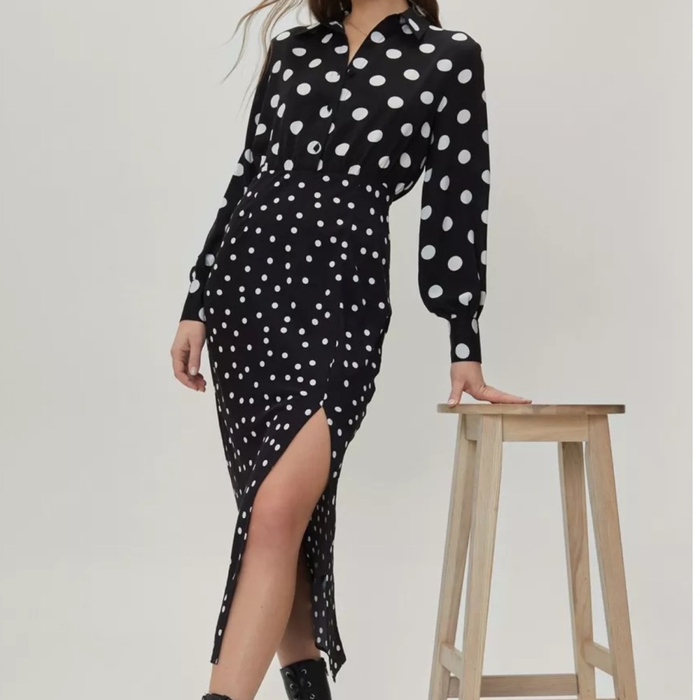 Polka Dot black & white Contrast Skirt Midi Shirt Dress